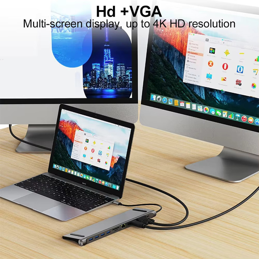 FC&EC 11-in-1 USB-C Dockingstation Multiport Adapter mit 4K HDMI, VGA, RJ45 Ethernet, SD/TF Kartenleser und USB 3.0 für Laptop, MacBook und iPad - Bild 3