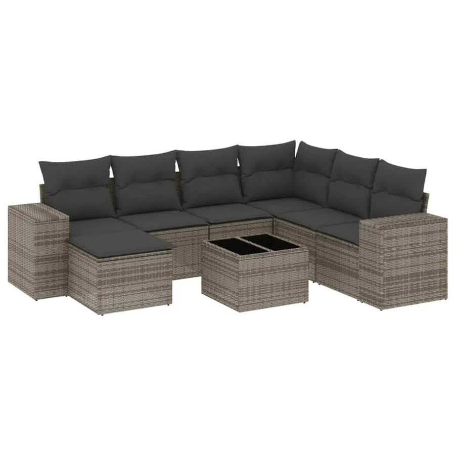 vidaXL 8-tlg. Garten-Sofagarnitur in L-Form aus Polyrattan mit Kissen und Couchtisch, Grau - Bild 2