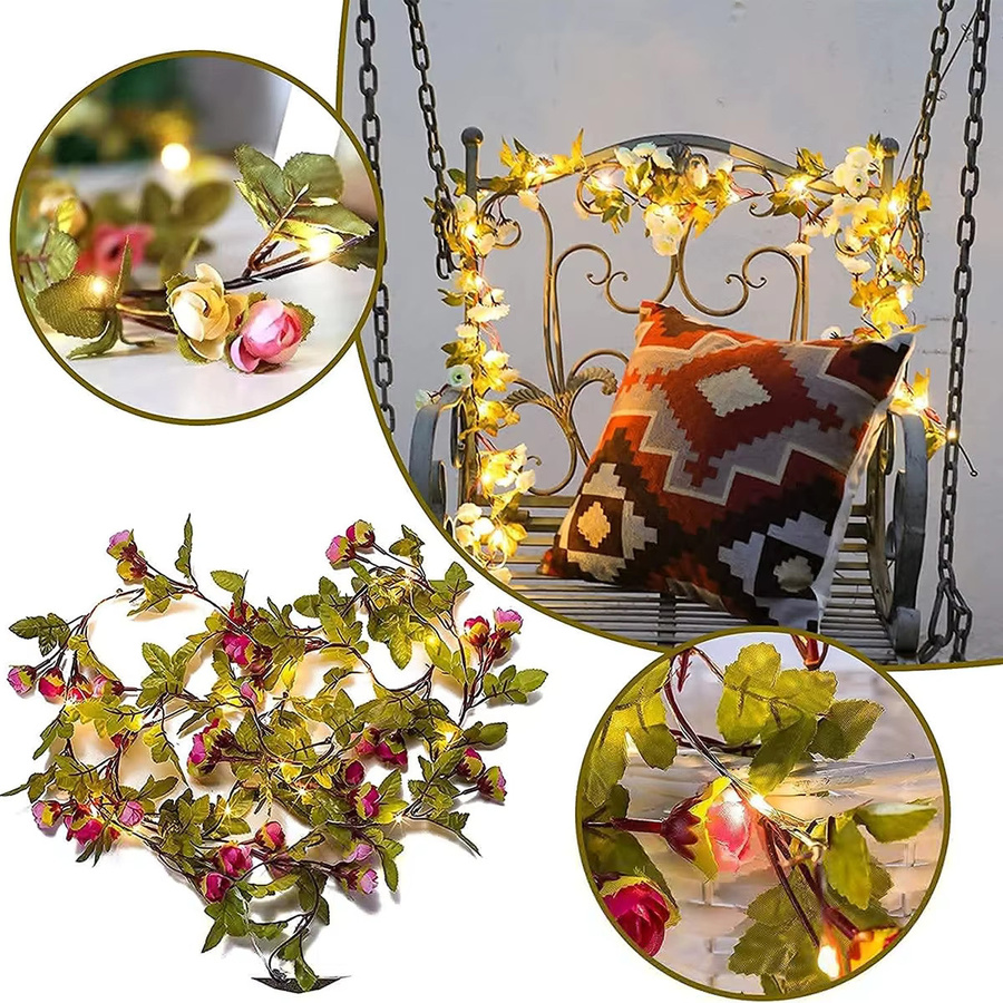 KIKIELF LED-Rosen-Lichterkette in Warmweiß mit grünen Akzenten, batteriebetrieben, ideal für Garten, Party und Hochzeit - Bild 2