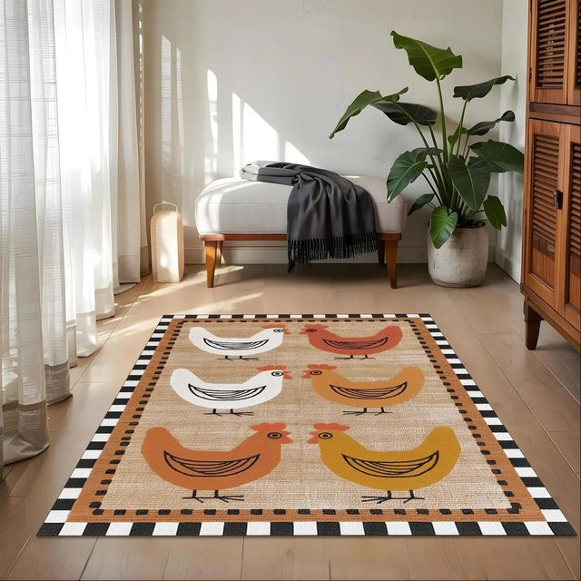 Rustikaler Teppich Lodestar mit Hühner-Motiv in Schwarz und Multicolour, rutschfest und maschinengewebt, B/T: 120 x 160 cm - Bild 1