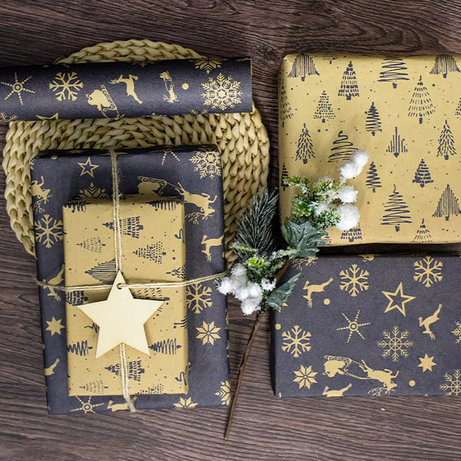 Weihnachts-Geschenkpapierrolle aus Vintage-Kraftpapier in Marineblau und Braun, 1 Rolle - Bild 4