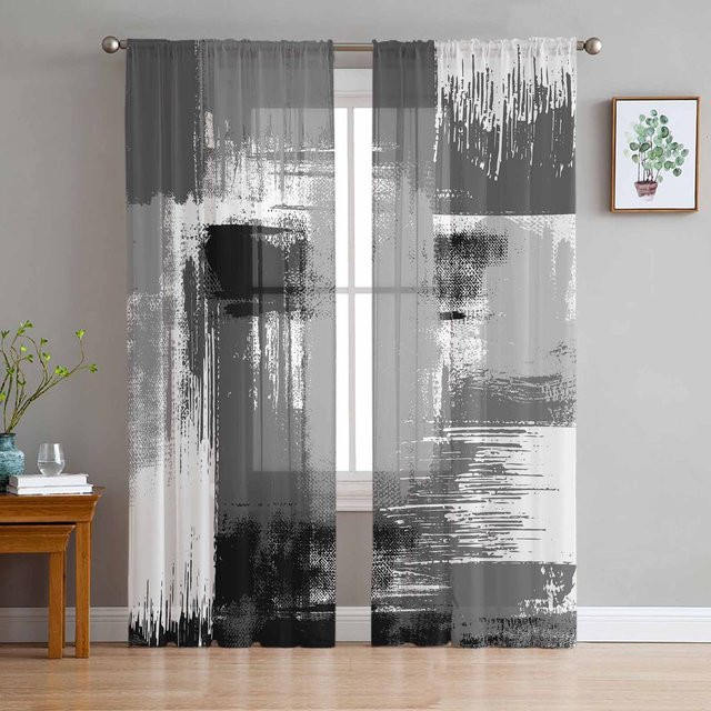 Transparente Tüll-Voile-Vorhänge mit geometrischem abstrakten Ölgemälde-Design in Grau, Breite: 135 cm, Höhe: 185 cm - Bild 1