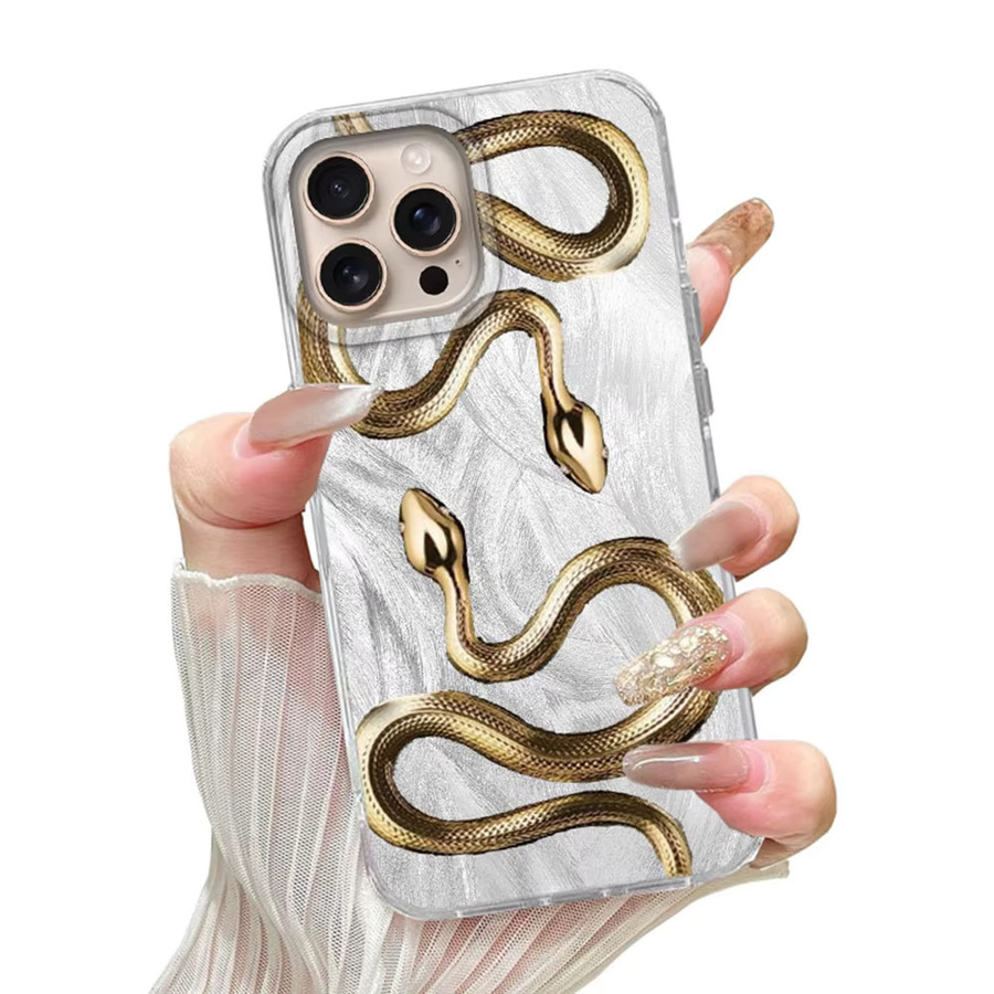 Goldene Handyhülle mit Schlangenmuster und Katzenfeder-Textur für Apple iPhone 17, 16, 15, 14, 13, 12, 11 Pro Max und weitere Modelle - Bild 3