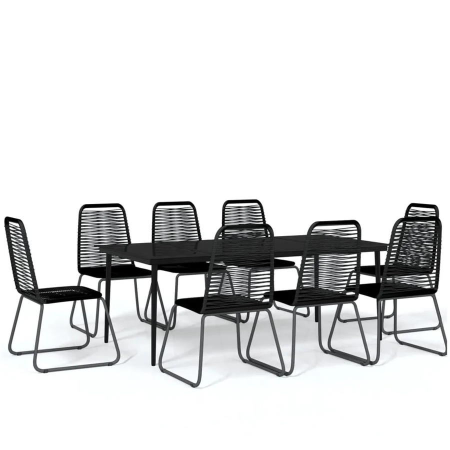 vidaXL 9-teilige Garten-Essgruppe in Schwarz mit Tisch aus gehärtetem Glas und Stühlen aus Rattan und pulverbeschichtetem Stahl - Bild 2