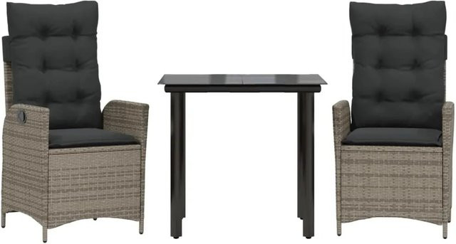 vidaXL 3-teilige Garten-Essgruppe aus Polyrattan mit Kissen und Glastisch in Grau - Bild 1
