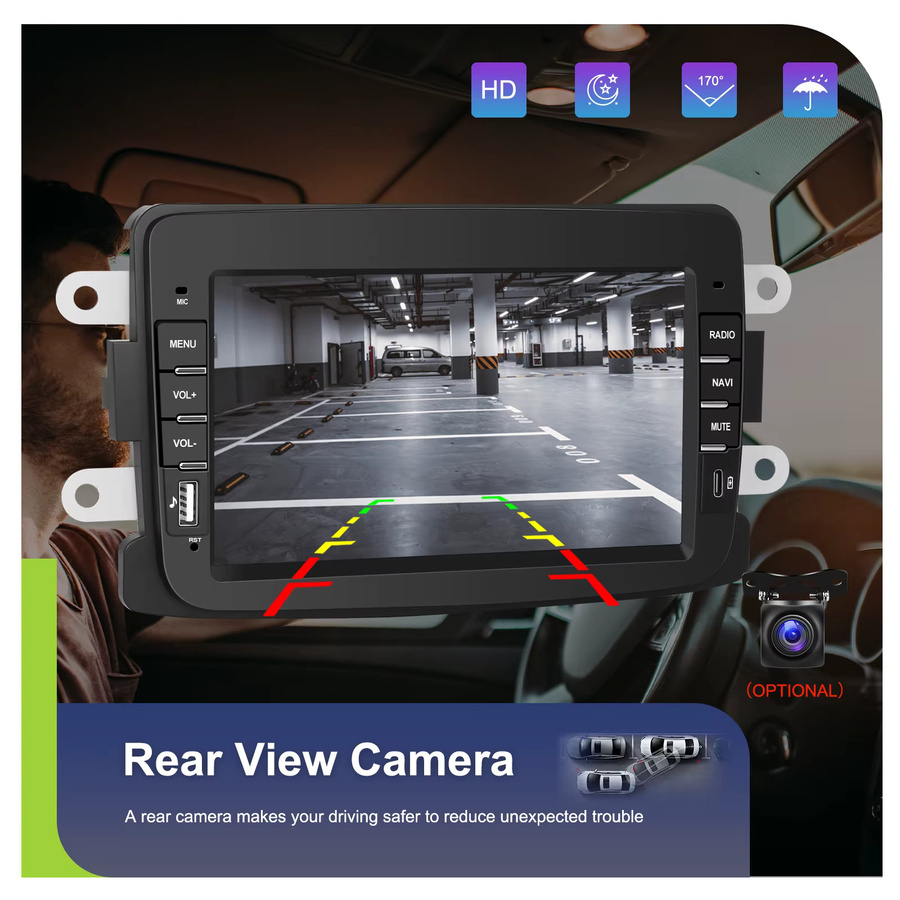 Podofo 2 Din Android Autoradio 7 Zoll für Renault Dacia Sandero Duster mit 4G+64G, GPS-Navigation, WLAN, kabellosem CarPlay, Android Auto und Bluetooth in Schwarz - Bild 4