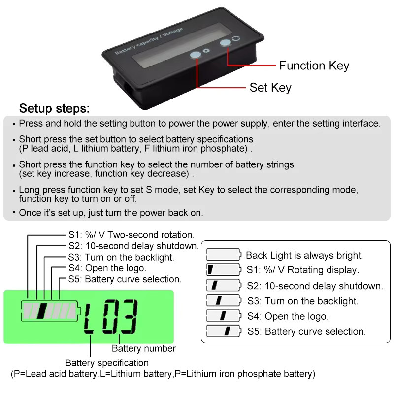 YIDI Digitales DC Voltmeter mit LED Kapazitätsanzeige für Blei-Säure, LiFePO4 und Lithium Batterien, 12V 24V 36V 48V, in Schwarz oder Weiß - Bild 3