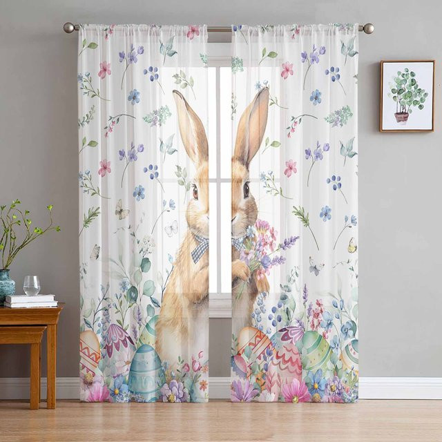 Transparente Tüll-Vorhänge mit Blumen- und Osterhasen-Motiv in Weiß, Breite: 135 cm, Höhe: 115 cm - Bild 1