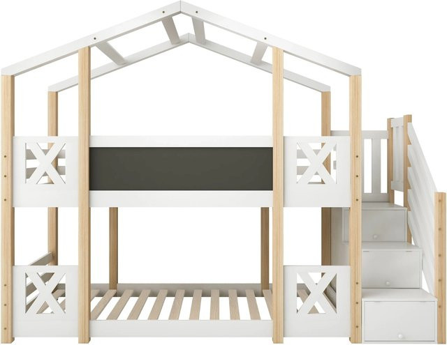 Merax Etagenbett Baumhaus für Kinder in Weiß mit Treppe und Stauraum, B/T/H: 205 x 90 x 166 cm - Bild 1