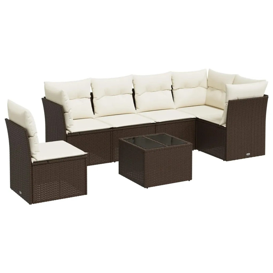 vidaXL 7-teilige Garten-Sitzgruppe aus Polyrattan in L-Form mit Kissen, Braun - Bild 2