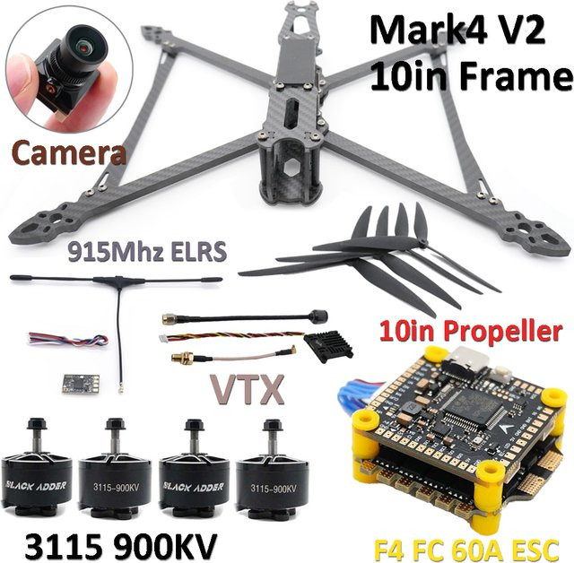 YSIDO Mark4 V2 10 Zoll Rahmen Combo Set mit 3115 900KV Bürstenlosem Motor, F4 FC, 60A 4-in-1 ESC, Propeller und ELRS für RC FPV Quadcopter in Schwarz - Bild 1