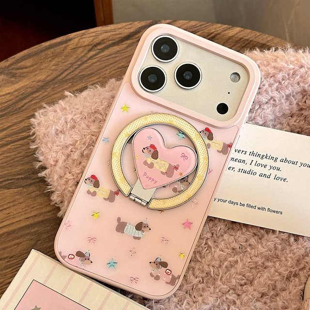Rosa Faltbare Handyhülle mit Koreanischem Liebesherz und Cartoon Dackel für Apple iPhone 17 Air 16 15 14 13 Pro Max mit Magnetischer Halterung und Stoßfestem Schutz - Bild 1