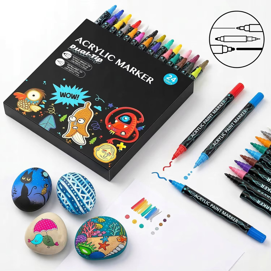 24er Set Acrylmarker mit doppelseitiger Meißelspitze, wasserfeste Permanent-Stifte in Mehrfarben für DIY-Projekte auf Stein, Holz, Metall, Glas und Leinwand - Bild 2