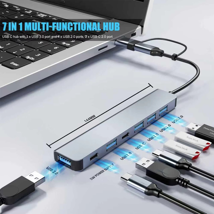 7-in-1 USB-C-Hub mit USB 3.0 und USB 2.0 Anschlüssen für Hochgeschwindigkeits-Datenübertragung in Grau, Plug & Play für MacBook Pro, MacBook Air, PC, iPad und Laptops - Bild 3