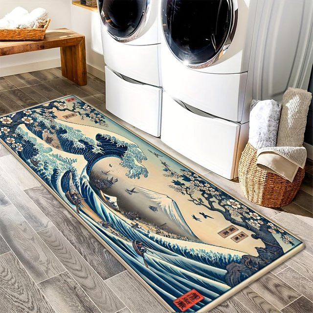 VIKAMA Retro Teppich mit japanischem Ukiyo-e Wave Design in Blau, rutschfest und schmutzabweisend, ideal für Wohnzimmer, Küche oder Flur - Bild 1