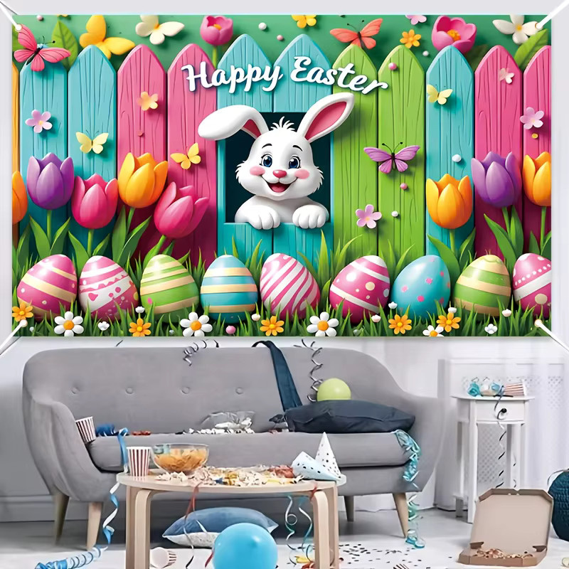 VIKAMA Oster-Wandteppich mit 3D-Hasen und bunten Tulpen, Wanddekoration für Wohnzimmer und Kinderzimmer, Mehrfarbig, Breite: 180 cm, Höhe: 110 cm - Bild 3