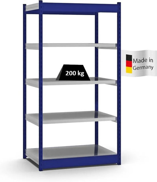 PROREGAL Fachbodenregal Stecksystem mit 5 Ebenen in Blau, H x B x T: 200 x 102,5 x 60 cm, Fachlast 200 kg - Bild 1