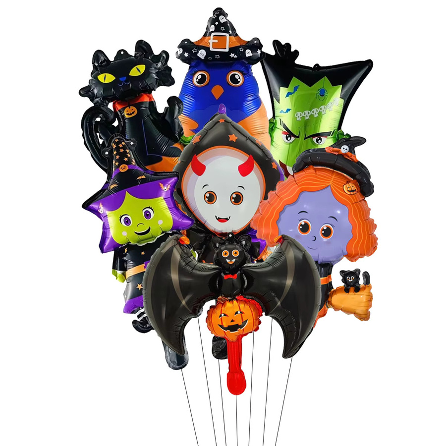 7er Set Mini-Halloween-Luftballons in Multicolor mit Kürbis, Katze, Hexe und Fledermaus für deine Party-Dekoration - Bild 1