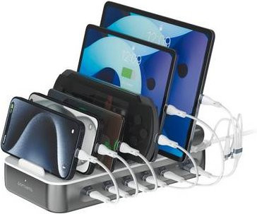 4Smarts Tischladestation 100W mit USB-A, USB-C, Lightning und Micro-USB Quick Charge, USB Power Delivery, Weiß/Grau - Bild 1