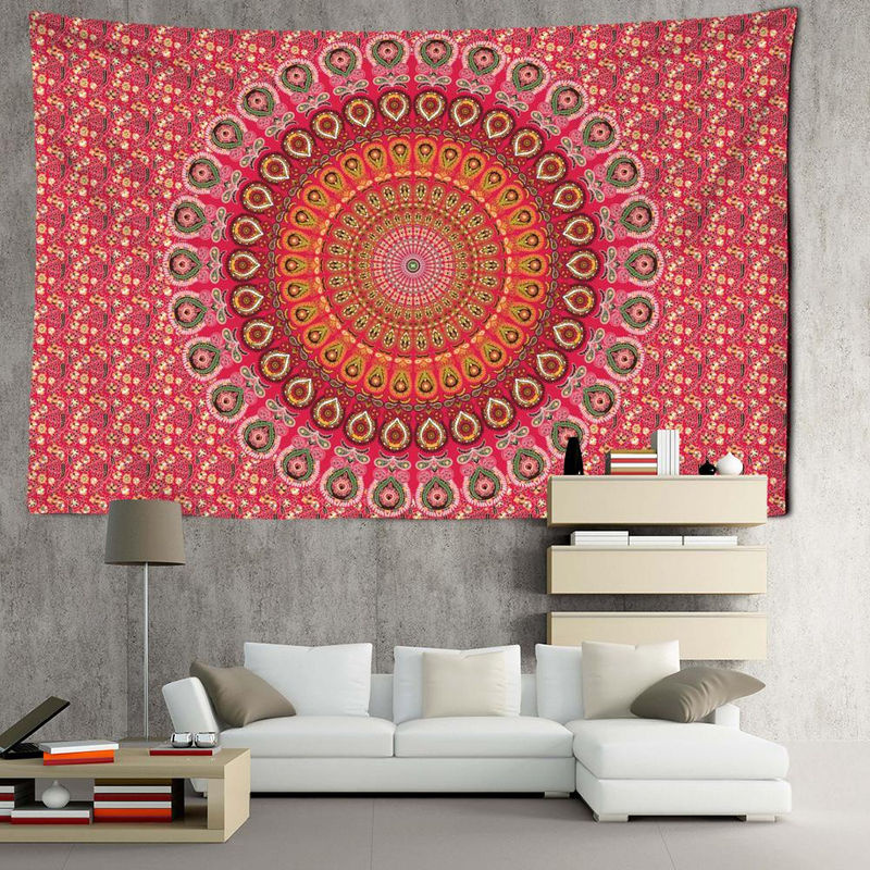 Binchi Outdoor Equipment Wandbehang Mandala Bloem in Rot, Abstraktes Boho Design mit Blumen und Engeln, Textil Wanddeko, Breite: 95 cm, Höhe: 70 cm - Bild 2