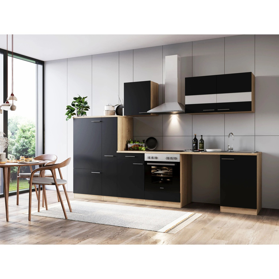 Respekta Küchenblock Merle modern in Eiche Sägerau Nachbildung und Schwarz mit Glasfronten und Soft-Close-Türen, B/H/T: 310 x 82 x 54 cm - Bild 2