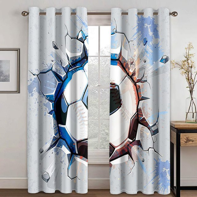 A Family Of Home Textiles 3D Fußball Fenster Vorhänge mit 2 Paneelen, Blau, B: 100 cm, H: 130 cm - Bild 1