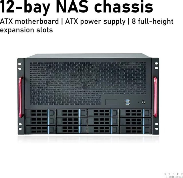 JMCD 12S4 Hochleistungs-Gaming-PC-Gehäuse in Schwarz mit 12-Bay NAS-Chassis und ATX-Unterstützung für AIO-Server - Bild 1