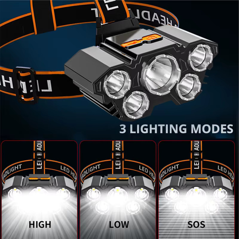 Wiederaufladbarer 5 LED Scheinwerfer in Schwarz für Camping, Angeln und Abenteuer - Bild 3