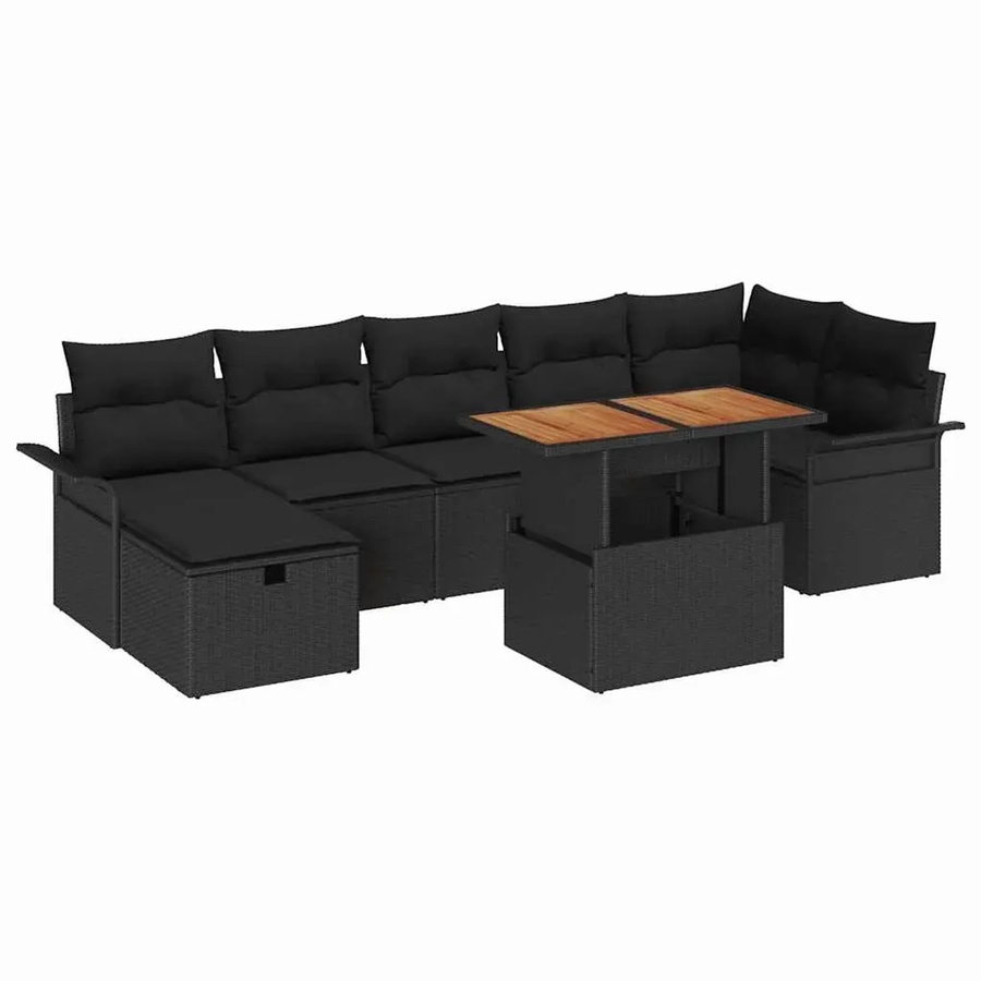 vidaXL Garten-Sofa-Set 8-tlg. aus Poly-Rattan und Akazienholz in Schwarz mit Kissen und Stauraumfunktion - Bild 2