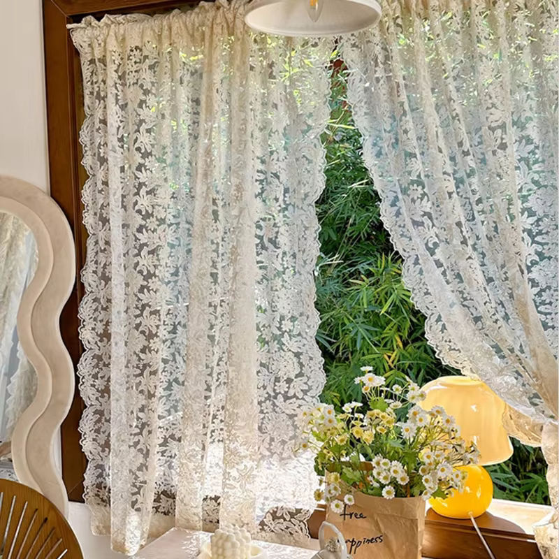 ZJBYZHOUSEHOLD Transparenter Vorhang mit floraler Stickerei im Vintage-Stil, Creme Beige, B: 120 cm, H: 130 cm - Bild 2