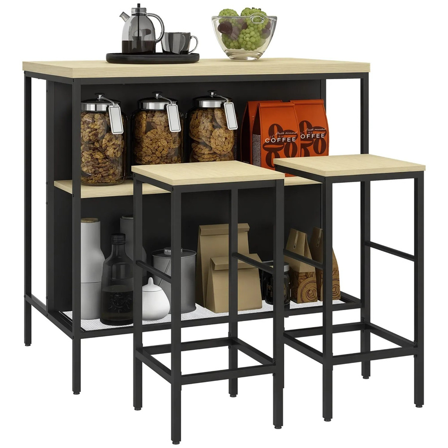 HOMCOM Bartisch mit Barhockern Set 3-tlg. im Modern-Stil aus Stahl und Eiche in Braun - Bild 2