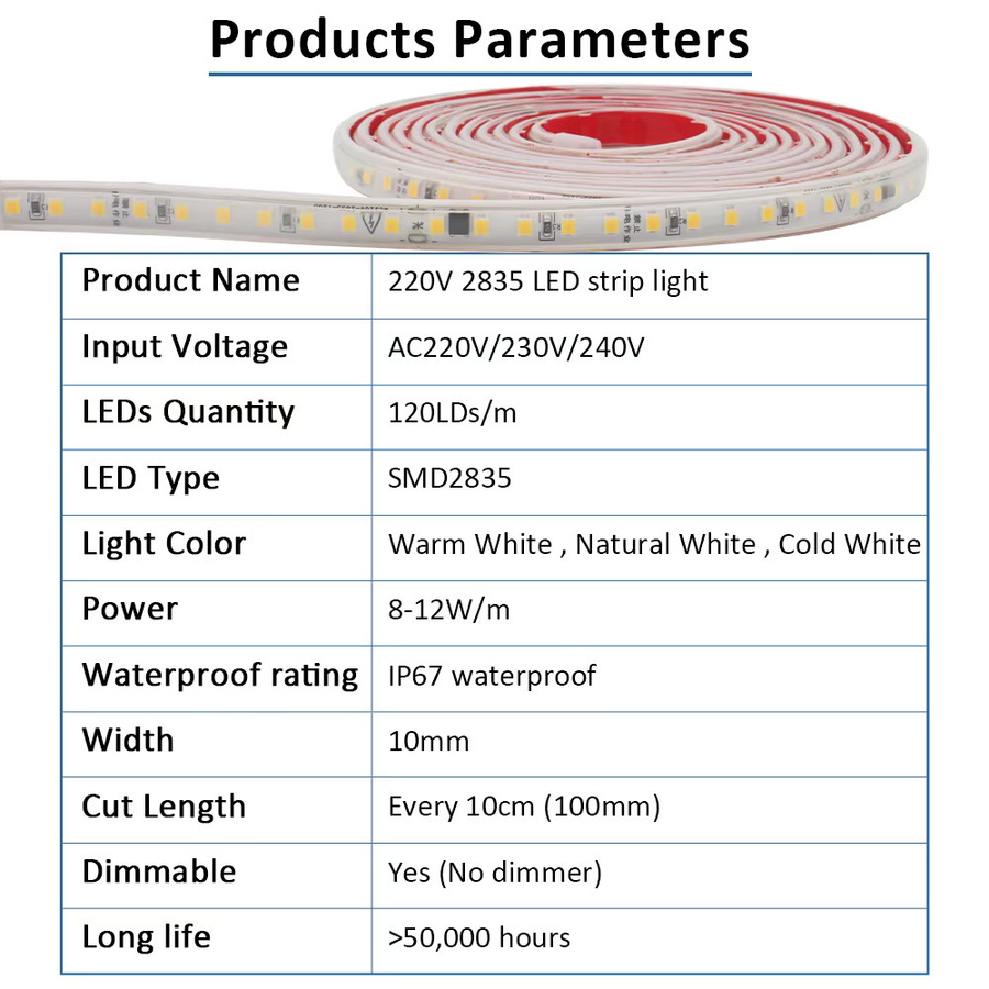MJJCLED LED-Streifenlicht IP67 wasserdicht mit 120 LEDs/m, CCT Warmweiß/Kaltweiß, 230V AC, flexibler LED-Band für die Heimbeleuchtung - Bild 2