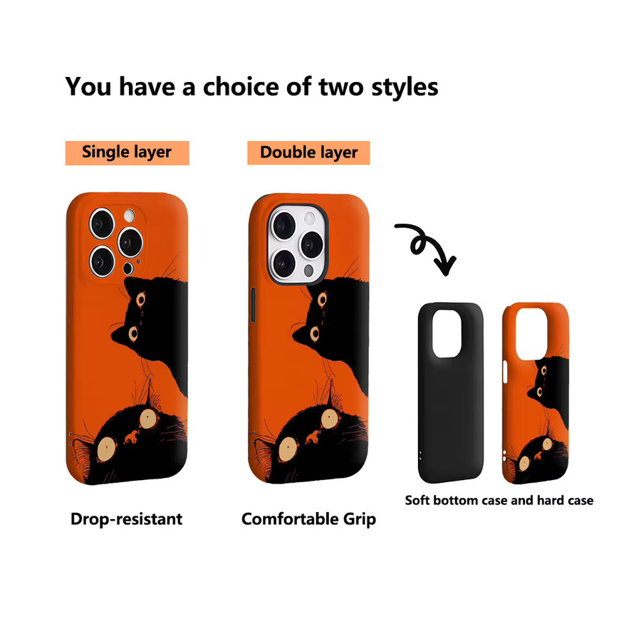 Potdemiel Handyhülle Wide-Eyed Black Cats für iPhone 17 16 15 14 13 12 Pro Max Plus mit doppelschichtiger Rückseite in Schwarz und Orange - Bild 3