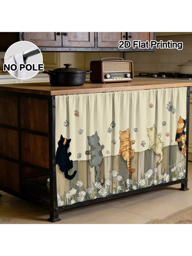 VIKAM Schrankvorhang mit Katzen- und Gänseblümchenmuster auf Zaun für Küche, Badezimmer und Wohnzimmer - Bild 5