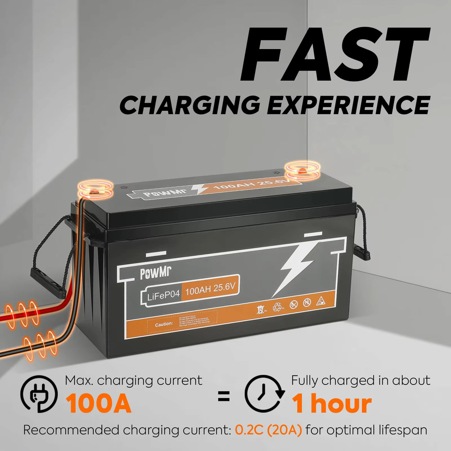 PowMr LiFePO4 Batterie 25,6V 100Ah 2560Wh mit 100A BMS Deep-Cycle Lithium-Eisenphosphat-Batterie in Schwarz für Solar, Wohnmobile, Marine und Golfcarts - Bild 4