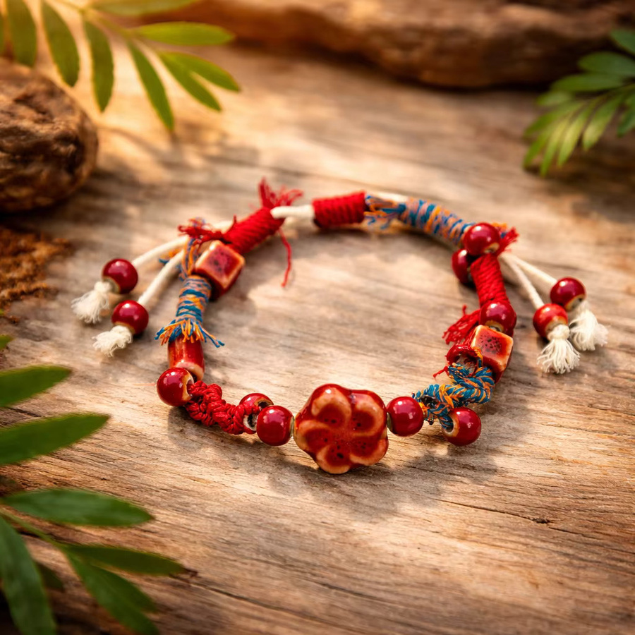 Armband, Rotes Blumen-Keramik, Wachsschnur, Verstellbar, Kinder - Bild 2