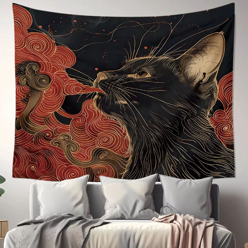 RoarGosh Wandteppich aus Textil mit japanischer Ukiyo-e Kunst, Katze und Wellen-Motiv, Mehrfarbig, Breite: 70 cm, Höhe: 70 cm - Bild 2