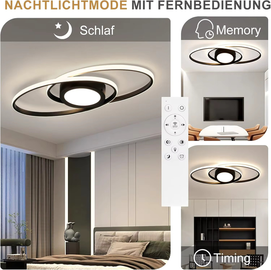 Moderne LED Deckenlampe von Nettlife in Schwarz, rund, dimmbar mit Fernbedienung und CCT-Farbtemperatursteuerung, 48W - Bild 4