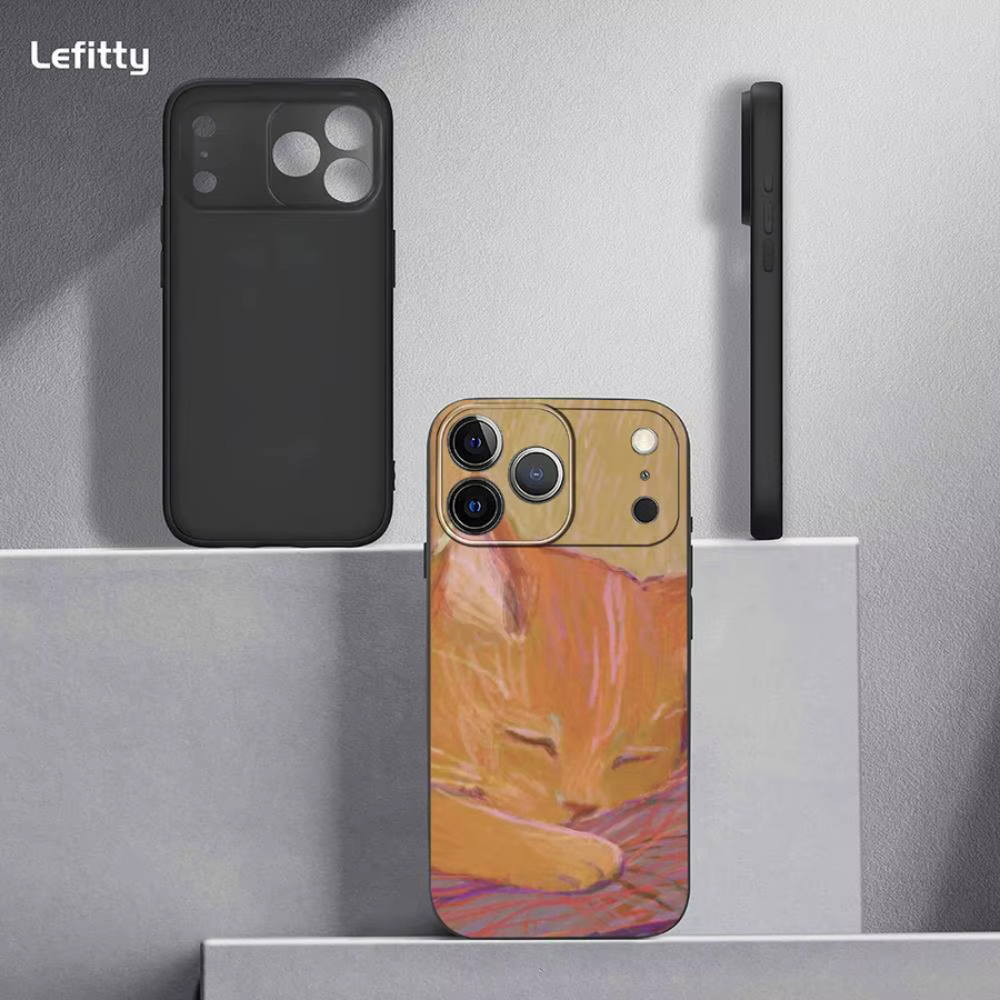 Handyhülle mit schlafender orangefarbener Katze im koreanischen Stil für iPhone 11 bis 17 Pro Max Plus Mini, Schwarz Matt Soft Shell - Bild 4