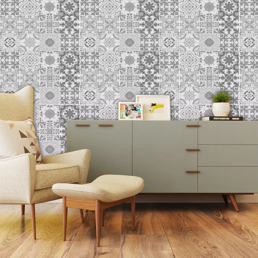24-teiliges Retro-Fliesen-Wandaufkleber-Set in Grau mit minimalistischem floralem und geometrischem Design für deine Heimdekoration in Küche, Badezimmer oder Wohnzimmer - Bild 2