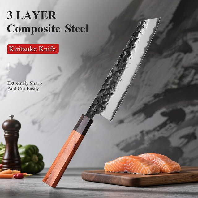 TUEWHO Kiritsuke-Messer aus handgeschmiedetem 3-lagigem Verbundstahl mit Holzgriff, 20,8 cm Profi-Kochmesser - Bild 1