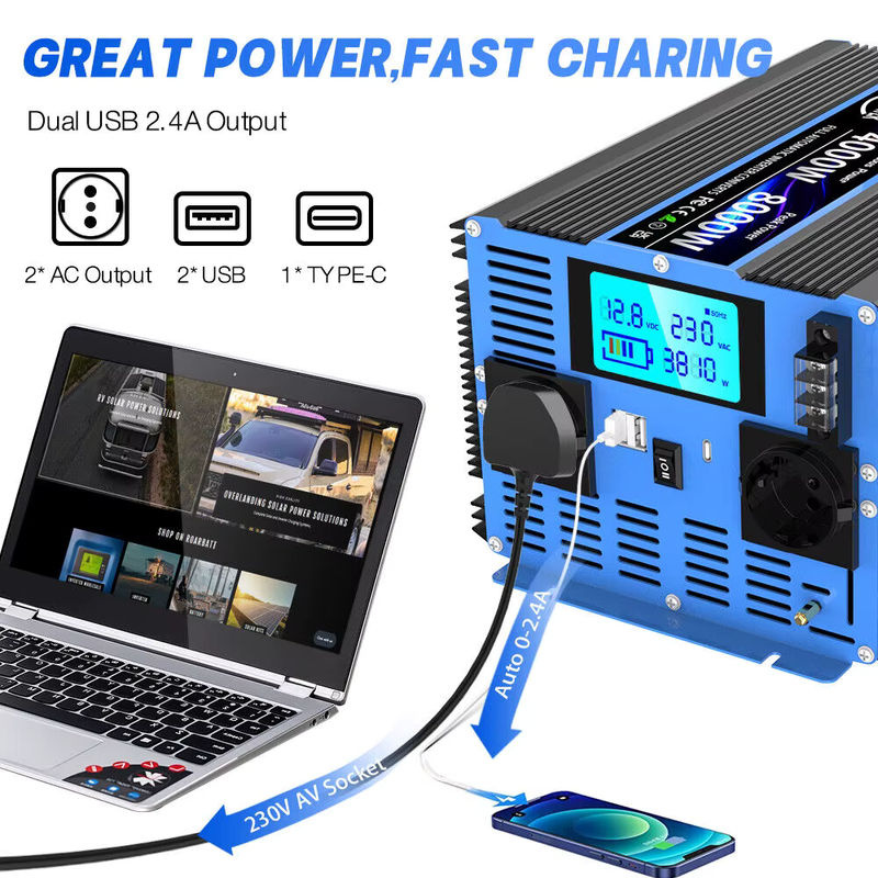 FLAMEZUM Wechselrichter mit reiner Sinuswelle, DC 12 V/24 V zu AC 230 V, Solar-Transforme-Konverter mit LCD-Display, USB und Fernbedienung - Bild 2