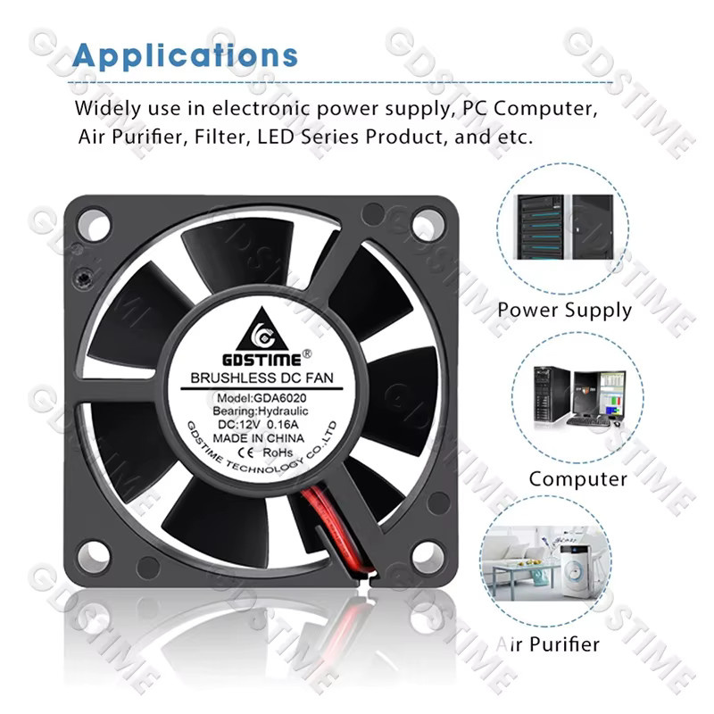 Gdstime 6020 Axiallüfter Schwarz B/T/H: 6,0 x 6,0 x 2,0 cm 24V 12V DC Bürstenloser Kühllüfter mit Doppelkugellager für 3D-Drucker - Bild 4
