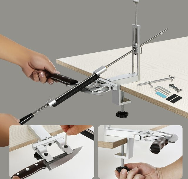Sy tools Professionelles 360 Grad Rotations Messerschärfset mit festem Winkel und Schleifsteinen in Silber - Bild 1