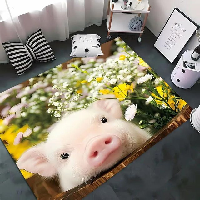 HGHT Bereichsteppich Miniatur-Schweine 3D HD Cartoon Design, rutschfeste und waschbare Bodenmatte aus Polyester für Wohnzimmer, Schlafzimmer, Küche oder Kinderzimmer, B/T: 40 x 60 cm, Mehrfarbig - Bild 1