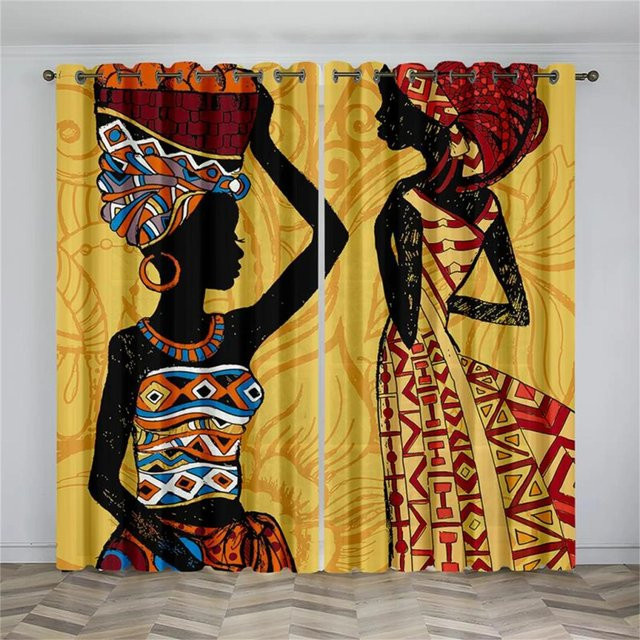 Set aus 2 lichtfilternden Vorhängen mit abstraktem afrikanischem Frauen-Design in Schwarz und Multicolour, semi-transparent, Breite: 100 cm, Höhe: 160 cm - Bild 1