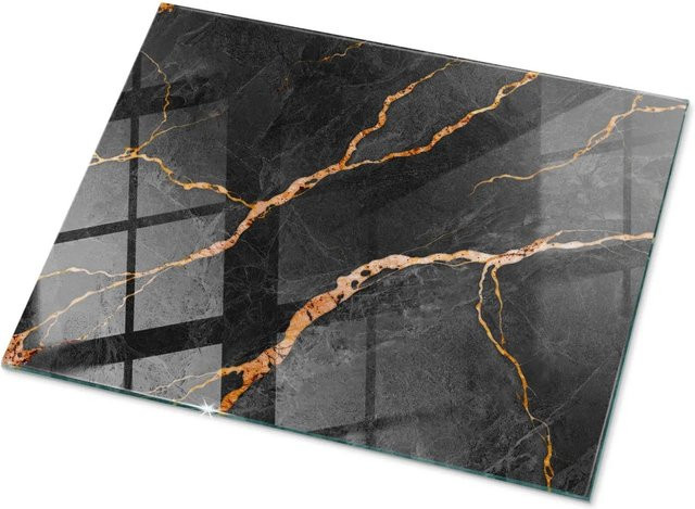 Tulup Tischplatte aus Glas mit Marmormuster in Schwarz, Rechteckig, B: 80 cm, T: 60 cm - Bild 1