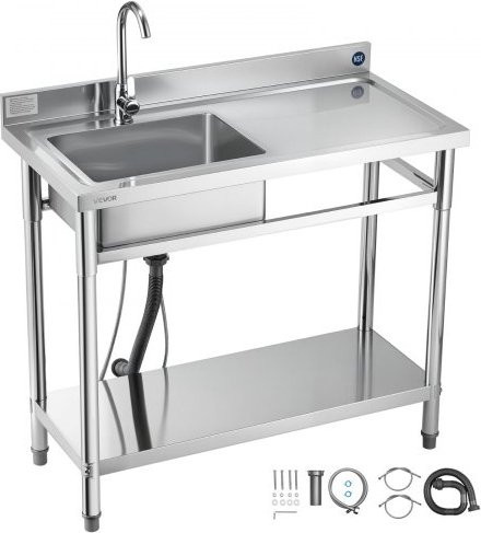 VEVOR Edelstahl Spülbecken als freistehendes Einzelbecken für Gewerbeküchen mit Armatur und Warm-Kaltwasseranschluss, Farbe: Silber, B/T/H: 100 x 50 x 94 cm - Bild 1