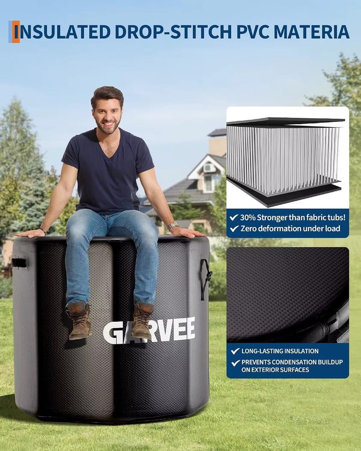 Garvee Aufblasbare Eisbadewanne Schwarz aus PVC mit isoliertem Deckel, Tragbare Kaltwasser-Tauchwanne für Kaltwasser-Therapie, B: 100 cm, T: 90 cm, H: 90 cm - Bild 4