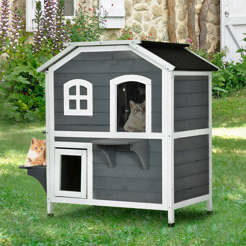 PawHut Katzenhaus aus grau lackiertem Tannenholz mit 2 Etagen und wetterfestem Dach, B/T/H: 78 x 55,5 x 91 cm - Bild 9